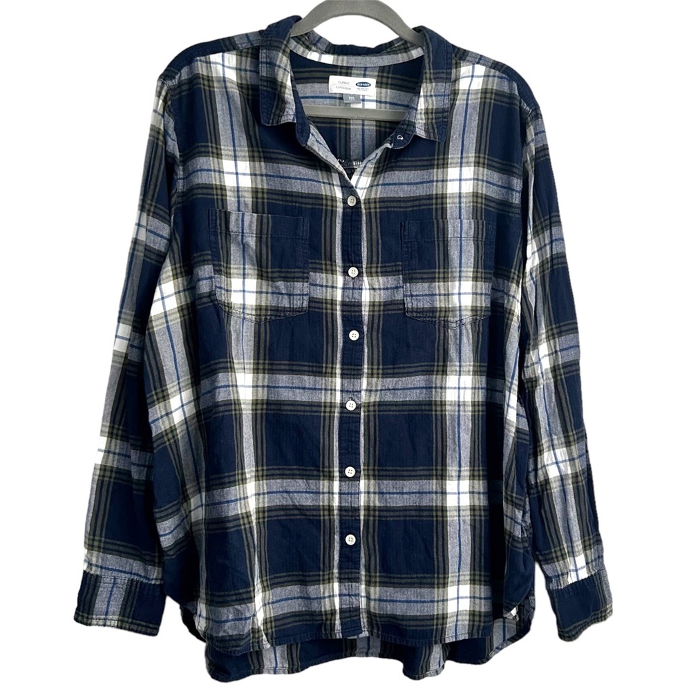 Old Navy Plaid Button Down Shirt Men’s XXL Blue Green White Dress Button Up